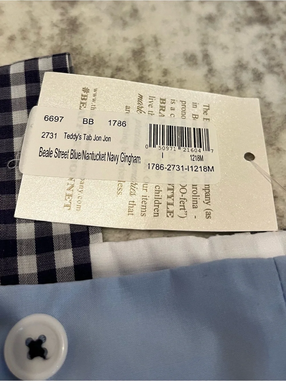 TBBC Teddy’s Tab Jon Jon – Beale Street Blue Navy Gingham 12-18 Month NWT